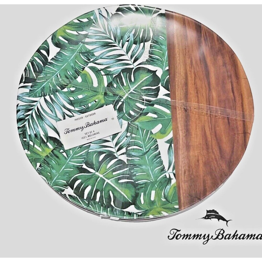 Tommy Bahama Tropical Palms Melamine Dinner Plates 11" Set of 4 Wood Grain